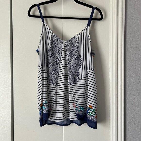 Cabi Tank Top Striped Floral Print Sleeveless Casual Blue White L - Picture 3 of 4